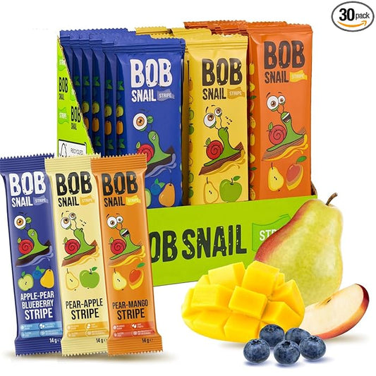 BOB SNAIL Healthy Fruit Snacks for Kids and Adults – 30 Fruit Leather Snacks with Pear & Apple, Blueberry, Mango – Vegan Low-Carb Variety Pack Strips for Kids – Sugar Free Jerky Bars