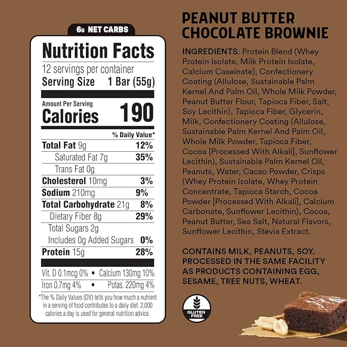 JUNKLESS Protein Bars - 15g Protein, No Added Sugar, Gluten Free, High Fiber, Delicious Taste and Texture, Satisfying, Healthy Snack for Energy - 12 Bars (Peanut Butter Chocolate Brownie)