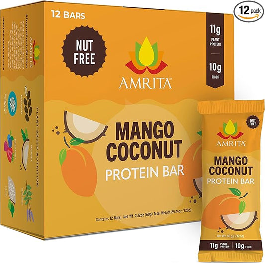 Amrita Mango Coconut High Protein Bars, 15g Plant Based Protein, Gluten-Free, Dairy-Free, Nut-Free, Low-Sugar Meal Replacement Bars, Vegan Snacks, 12 Bars