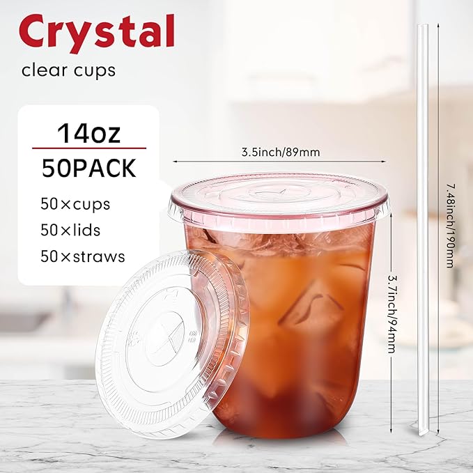 Ziliny 50 Sets Clear Plastic Cups with Lids and Straws, Disposable Iced Coffee Cups Drinking PET for Cold Drinks, Juice, Smoothie, Coffee Shops, Party, Christmas (Pink,14 oz)