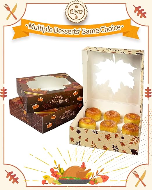 qiqee Thanksgiving Auto-pop up Cookie Boxes with Window 12packs 8x8x2.5 Inch Bakery Box Pastry Box for Thanksgiving
