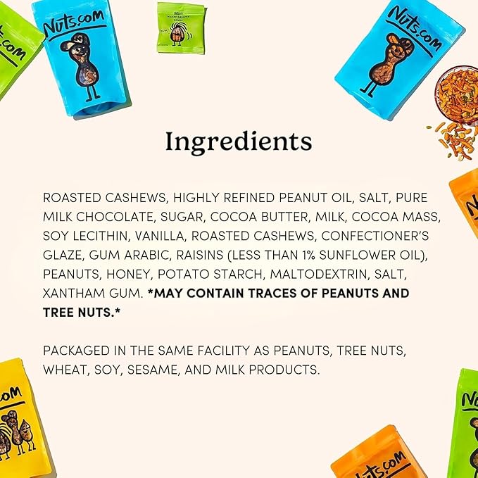 Nuts.com – Sweet and Salty Gift Tray for Winter, Valentine's Day and Festive Gifts — Healthy Snack Sampler Box, 1.25 Lbs of Roasted Cashews, Peanuts, Chocolate-Covered Raisins