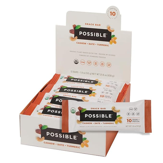 POSSIBLE Snack Bar - Organic Energy Bars with 10g of Plant-Based Protein - Vegan, Gluten-Free, Non-Dairy, USDA Organic - Healthy Fats - Clean Label - 1 Box, 12 Servings - Cashew Date Turmeric