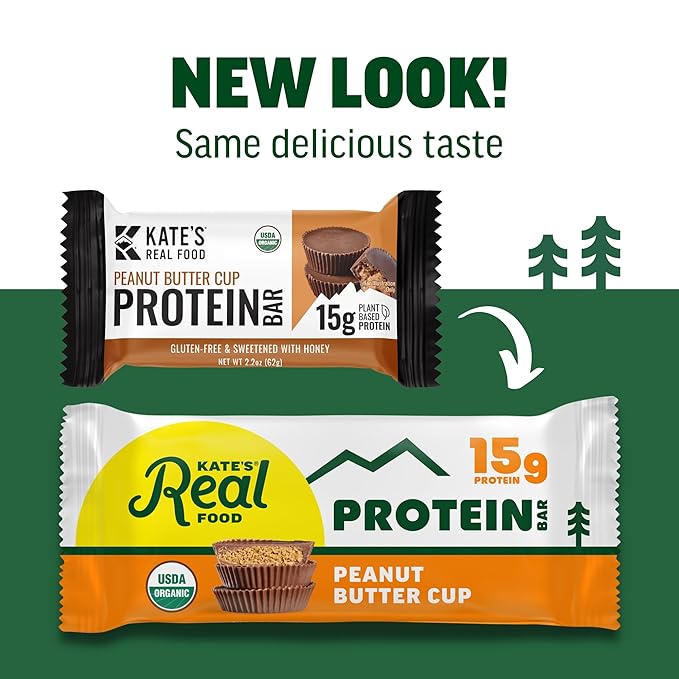 Kate’s Real Food Organic Protein Bars – (Peanut Butter Cup, 2.2 oz, Pack of 12) – Plant Based Protein Bars - Gluten Free, Soy Free, Non GMO, Whole Grains, and All Natural