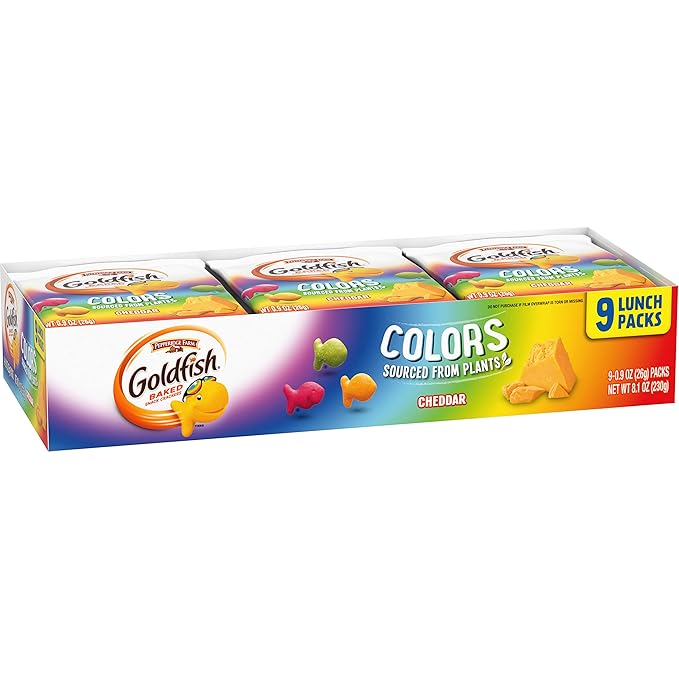 Goldfish Colors Cheddar Crackers, Snack Pack, 0.9 oz, 9 CT Multi-Pack Tray
