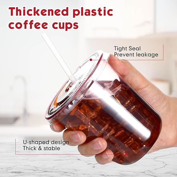 Ziliny 50 Sets Clear Plastic Cups with Lids and Straws, Disposable Iced Coffee Cups Drinking PET for Cold Drinks, Juice, Smoothie, Coffee Shops, Party, Christmas (Pink,14 oz)