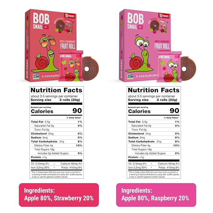 Bob Snail Fruit Roll Ups – 50 Natural Fruit Snacks (Strawberry & Raspberry), Vegan, No Added Sugar, Healthy On-the-Go Pack, 500g