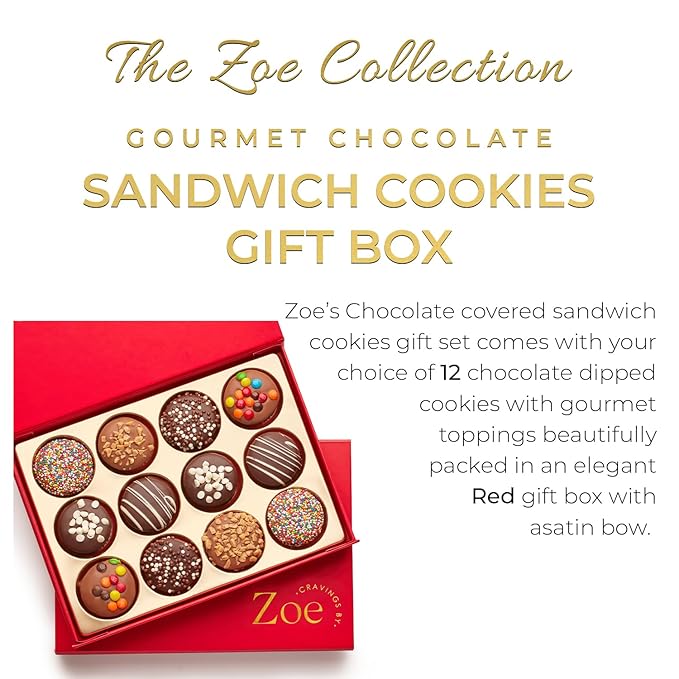 CRAVINGS BY ZOE Valentines Day and Birthday Chocolate Covered Cookies Gift Basket | 12 Count | Kosher Milk & Dark Belgian Chocolate Gourmet Food Gift Box | Birthday, Thank You, Candy Gifting Men Women Him Her Mom