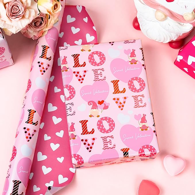 Homeral Pink Valentine's Day Wrapping Paper - Mini Roll - 17 Inch x 33 Feet - Goblin and LOVE Letters with Metallic Foil Shine & Heart Pattern Reversible Gift Wrap for Valentines Day Celebration
