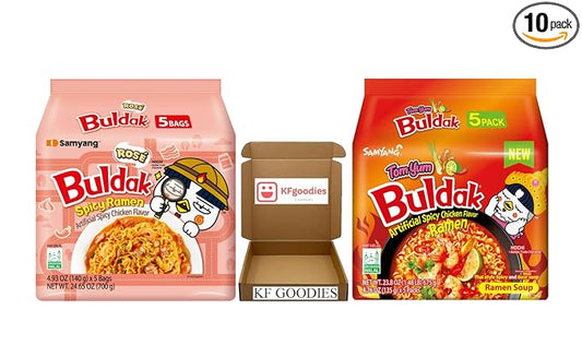 KF GOODIES Korean Ramen Variety Pack Gift Box (10 Count) – Spicy Buldak Noodle Assortment for Birthdays, College Care Packages, Office Snacks, and Gift Baskets