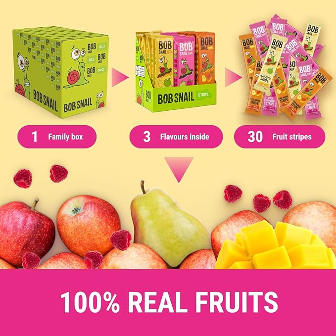 BOB SNAIL Healthy Fruit Snacks for Kids and Adults – 30 Fruit Leather Snacks with Pear-Apple, Raspberry, Mango – Vegan Low-Carb Variety Pack Strips for Kids – Sugar Free Jerky Bars