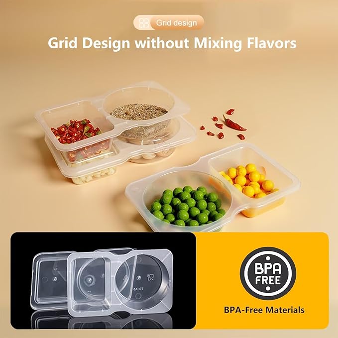 5pcs Reusable Snack Containers with Lids,2025 New 2 Compartment Plastic Containers for Pack Snacks,Leakproof Double Compartment Condiment Pack for Meal Prep, Portion Control,On-the-Go School Travel