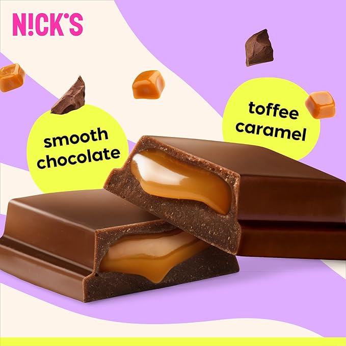 NICKS Soft Toffee Chocolate Candy Bar with Caramel Sauce Without Added Sugar,110 Calories, 3.5 Net Carbs, Gluten Free, Low Carb Candy – 15-Pack (28g Each)