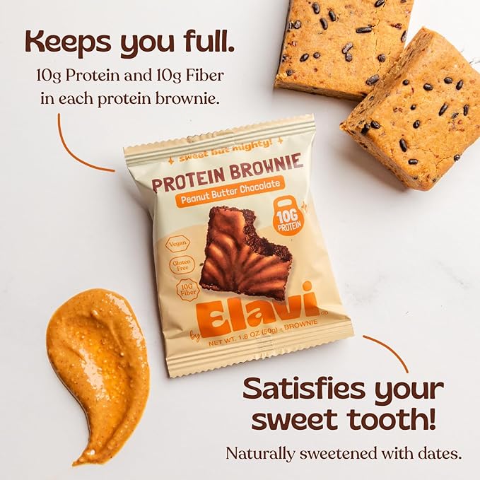 Elavi Peanut Butter Chocolate Protein Brownie, 10g Protein, 10g Fiber, Non-Dairy, Vegan & Gluten Free, Guilt-Free Snack | No Added Sugar, No Sugar Alcohols, Kid Friendly (8 pack)