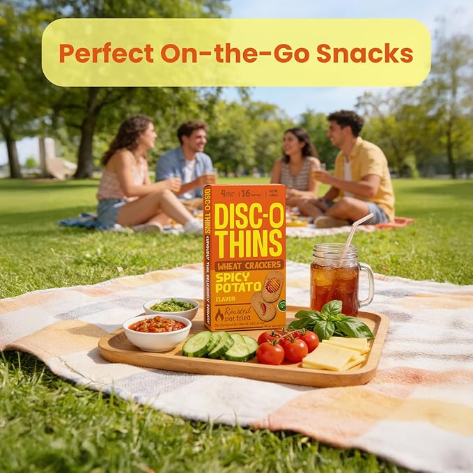 Disc-O Thins Whole Wheat Crackers - Crunchy Roasted Snack, High-Fiber & Low-Fat On-the-go Snack Chips, 96pcs (Spicy Potato) - Vegan-Friendly, Healthy Travel Snack, Non-GMO - Great w/ Spicy Dips, Salsa, or Beer