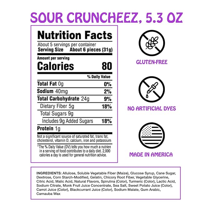 Rotten Sour Gummy Cruncheez - Low Sugar, Low Calorie, 5g Gut-Friendly Prebiotic Fiber, Gluten Free Candy, No Artificial Dyes - 5.3 oz Share Pack