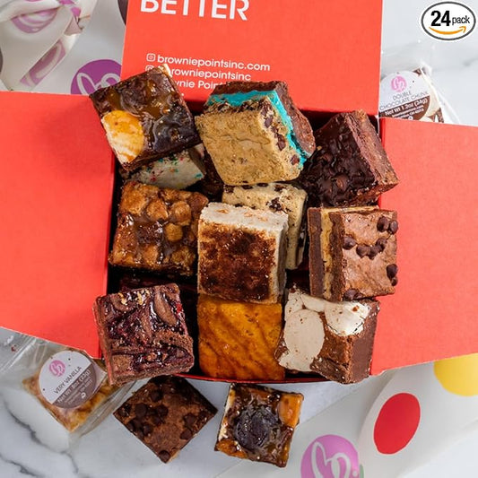 Brownie Points 24 Baby Brownies Gift Box. Individually Wrapped-Fudge Chocolate Brownies Gourmet gift for him, her, and friends. (Gift box and Bow with 24 Brownies - BP_BABY24)
