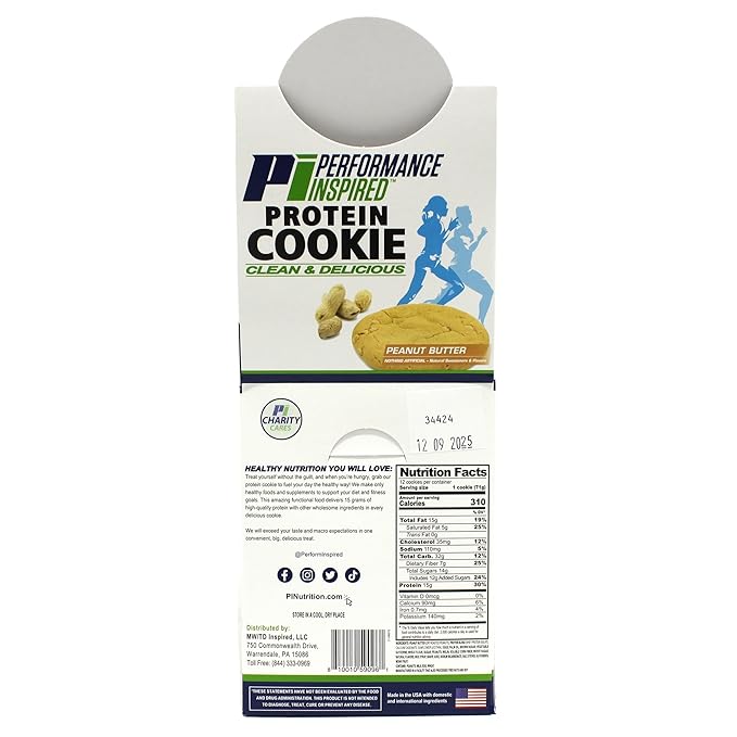 Performance Inspired Nutrition Protein Cookie - Contains: 15G Isolate Protein - 7G Of Fiber - All Natural - Guilt Free - No Artificial Ingredients - Peanut Butter Flavor - 12 Count