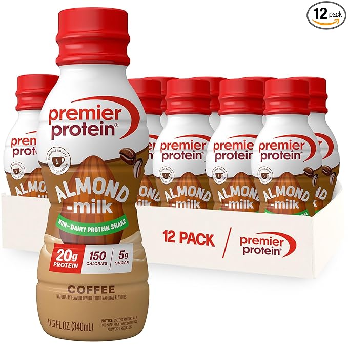 Premier Protein Almondmilk Plant Based Protein Shake, 20g Protein, 5g Sugar, 11.5 Fl oz, Coffee, 12 Count