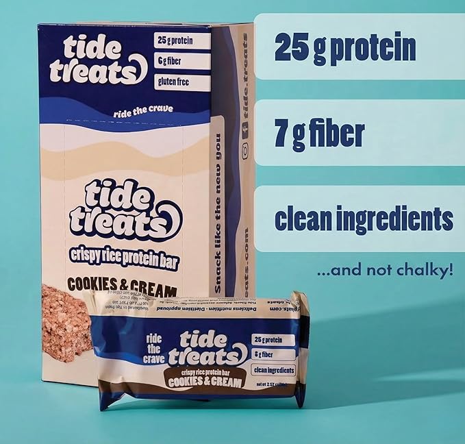 Crispy Rice Protein Treat Bar Cookies And Cream | 25g Protein, Low Sugar, Clean Ingredients, 7 g Fiber, Gluten Free | High Protein Snack for On-the-Go, Post-Workout or Dessert Cravings | 8 Count