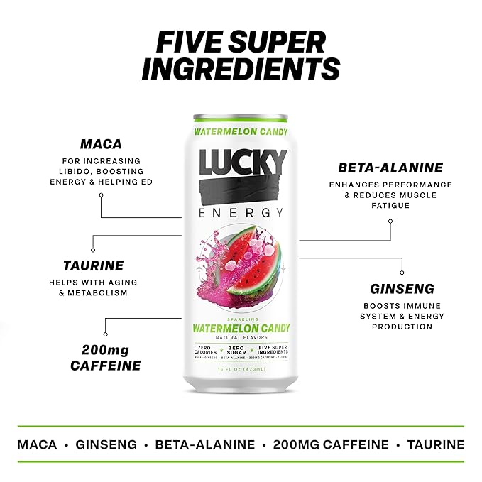 Lucky Energy Sugar Free Energy Drinks, Watermelon Candy, 16oz Cans (12-Pack) Healthy, Zero Sugar Energy Drink with Maca, Ginseng, Beta-Alanine, Taurine & 200mg Caffeine