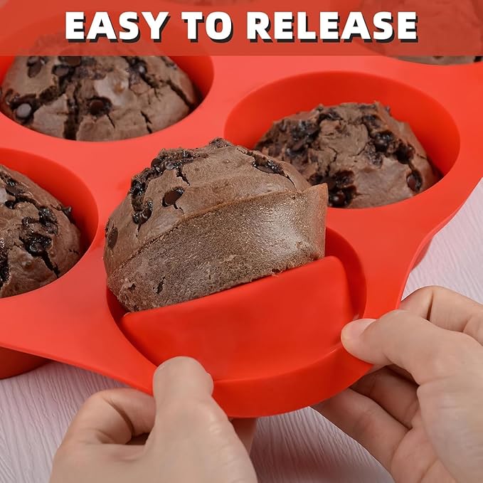 CAKETIME Silicone Jumbo Muffin Pan, 3.5 Inch Silicone Texas Muffin Pan 6 Cup Large Cupcake Pan Nonstick BPA Free 2 Pack Red