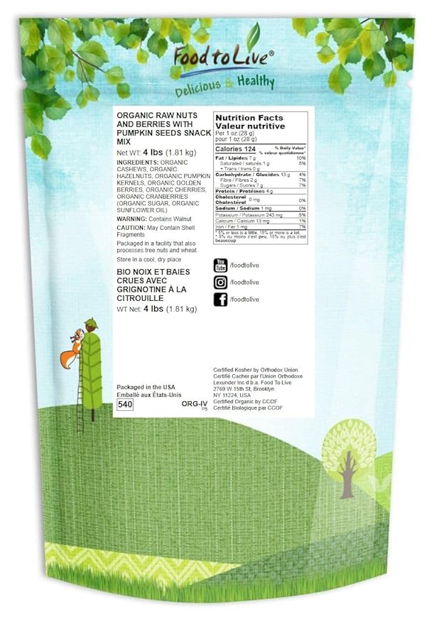 Food to Live - Organic Snack Mix, 4 Pounds - Raw Nuts and Berries with Pumpkin Seeds, Non-GMO, Non-Irradiated, Kosher, Vegan Superfood, Bulk, Great Trail Mix, Rich in Natural Antioxidants