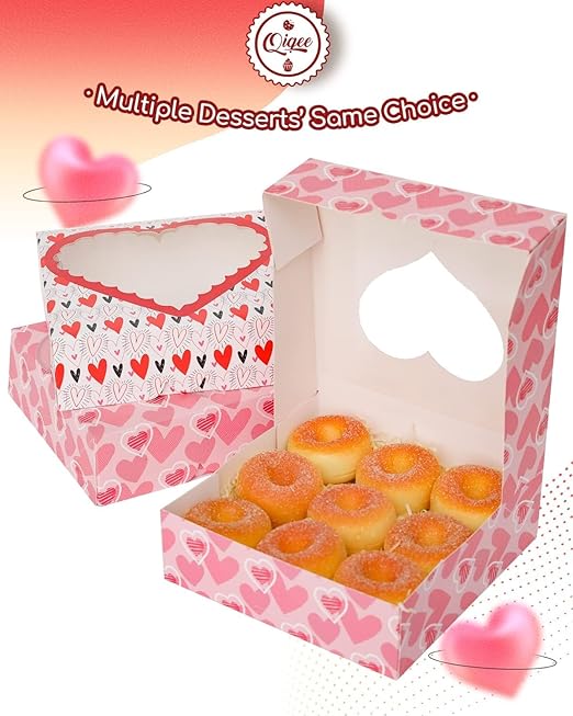 qiqee Auto-pop Up Valentine Pastry Box With Window 8x8x2.5 inch Donut Pie Boxes 12pcs Bakery Box for Valentine''s Day
