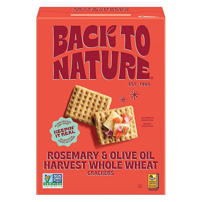 Back to Nature Rosemary & Olive Oil Harvest Whole Wheat Crackers, Non-GMO, Plant-Based Snack, Made with Whole Grain Wheat & Sea Salt, 7 oz Box