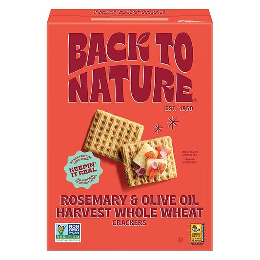 Back to Nature Rosemary & Olive Oil Harvest Whole Wheat Crackers, Non-GMO, Plant-Based Snack, Made with Whole Grain Wheat & Sea Salt, 7 oz Box