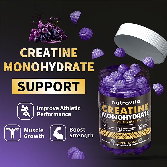 Nutravita Creatine Monohydrate Gummies for Men & Women-5g of Creatine Monohydrate per Serving - Sugar Free,Vegan, Grapes Flavor, 120 Count