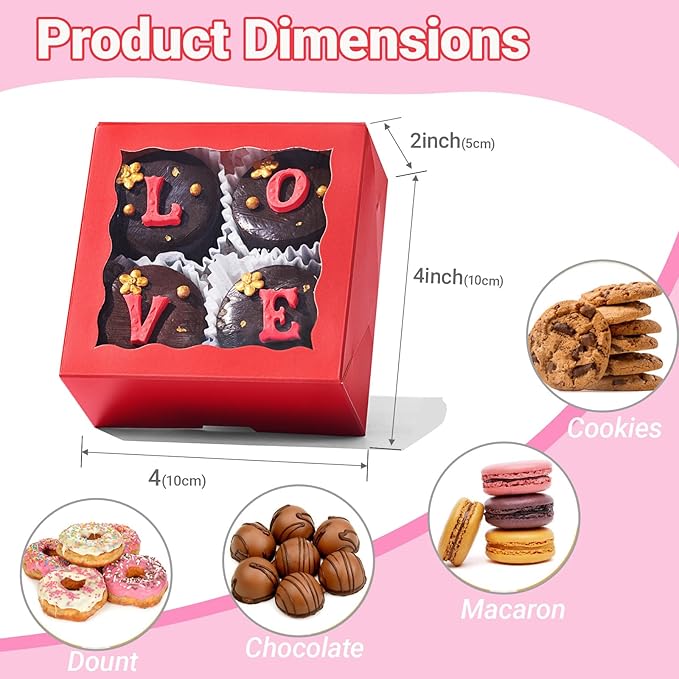 JCXGRVC 100PCS 4x4x2 inches Classic Red Bakery Boxes with Window - Macaron Cookie Chocolate Truffle Strawberry & Mini Cake Gift Boxes for Parties Valentine's Birthdays Wedding Christmas Favors