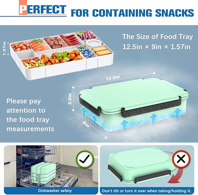 Chilled Portable Snackle Box Container Insulated Bag Keep Food Warm 12 Compartment Divided Serving Tray Reusable Ice Pack Birthday Gift Road Trip Essentials for Charcuterie Snack Picnic