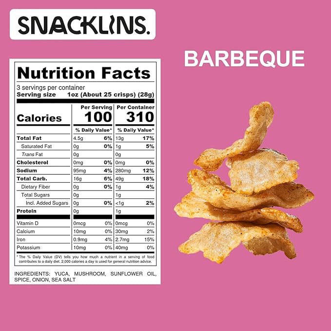 SNACKLINS Plant Based Crisps - Barbeque - Vegan Healthy Snacks - Gluten Free, Grain Free, Plant Based Crisps, 100% Kosher For Passover, Low Calorie - No Added Sugar, Crunchy, Puffed Snack - 3oz Bag (1 Pack)