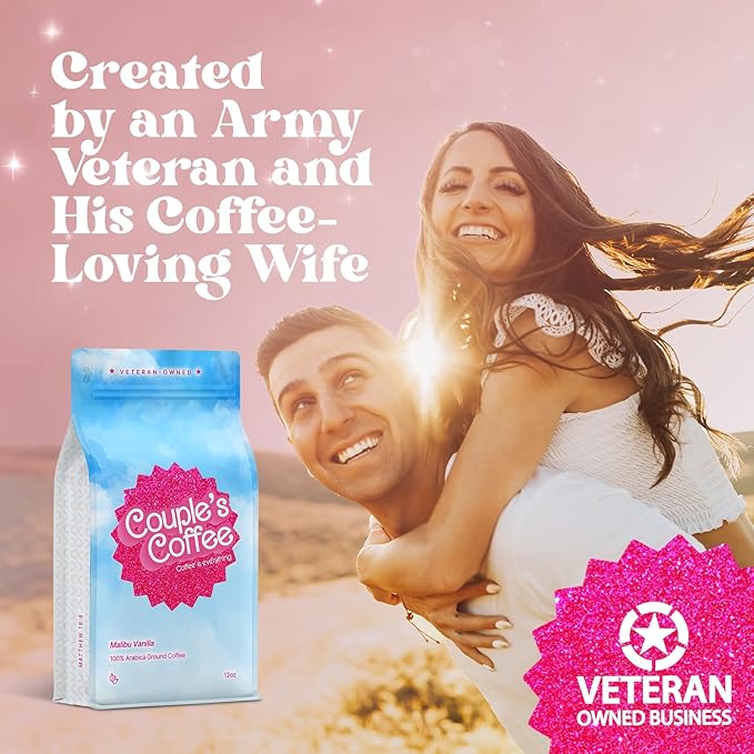 Couple's Coffee Vanilla Grounds | Malibu Vanilla Flavored Coffee | Pink Gifts for Women | Gives Back to Military Families | Medium Roast Made with 100% Arabica Beans | 12oz