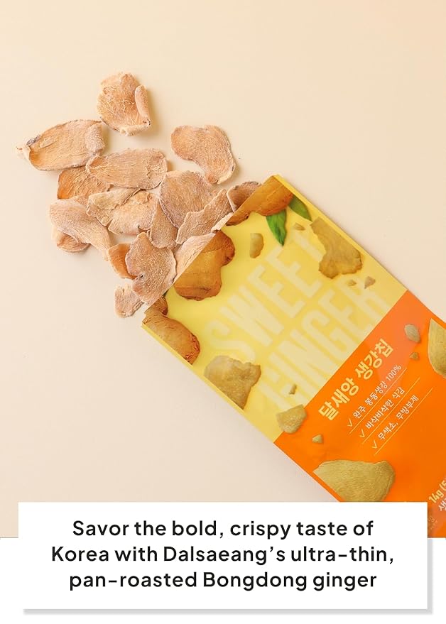Korean Food Dalsaeang Premium Crispy Ginger Chips – 8 x 0.5 oz Thin-Round Korean Ginger Snack, Lightly Sweetened, All-Natural, No Sticky Residue