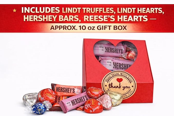 Valentine's Day Chocolate Gift Box with Assorted Gourmet Chocolates, Milk Chocolate & Peanut Butter Heart Shaped Candy - Assorted Milk Chocolate Truffles & Milk Chocolate Bars - Individually Wrapped In Festive Red & Pink - Red Heart Shaped Window Box