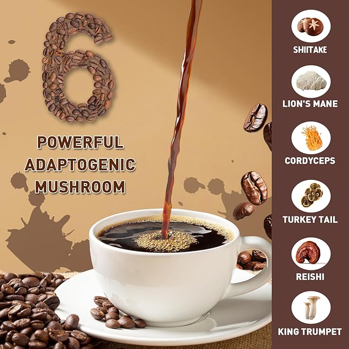 Mushroom Coffee | Enhanced Focus, Boosted Immunity, Improved Energy | 6 Adaptogenic Mushrooms: Cordyceps, Reishi, King Trumpet, Shiitake, Lion's Mane & Turkey Tail | 45 Servings