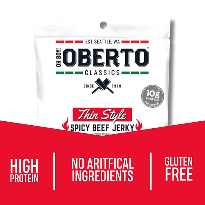 Oberto Classics Thin Style Beef Jerky, Spicy Flavor, No Artificial Ingredients, High Protein, Gluten Free, Wood Smoked, Premium Steak Beef Jerky High Protein Snacks, 2.2 Ounce (Pack of 8)