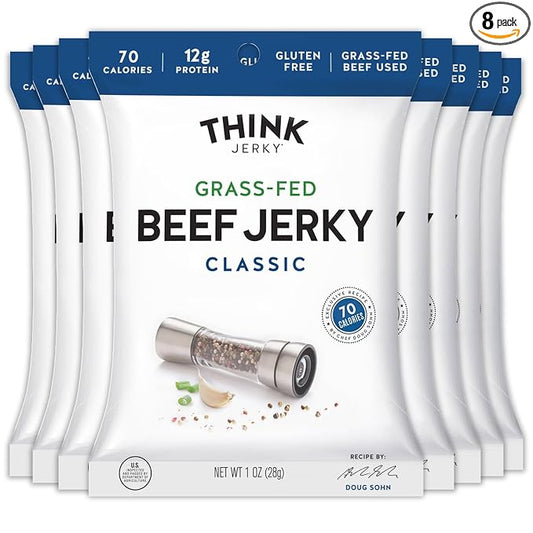 Think Jerky Classic Beef Jerky, Grass-Fed High Protein Beef, Gluten Free, No Antibiotics or Nitrates, Healthy Chef Crafted Recipe, Low Calorie and Low Fat - 1.0 oz Bags, 8 Pack