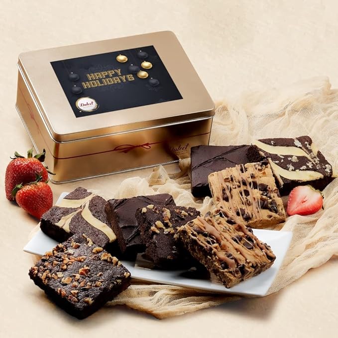 Holiday Gift Baskets - 18 Individually Wrapped Brownies Freshly Baked in a Variety of Flavors - Dulcet's Signature Flavored Fudge Brownies Christmas Gift Baskets for Families - Gift Box Comes with Season Greetings Card