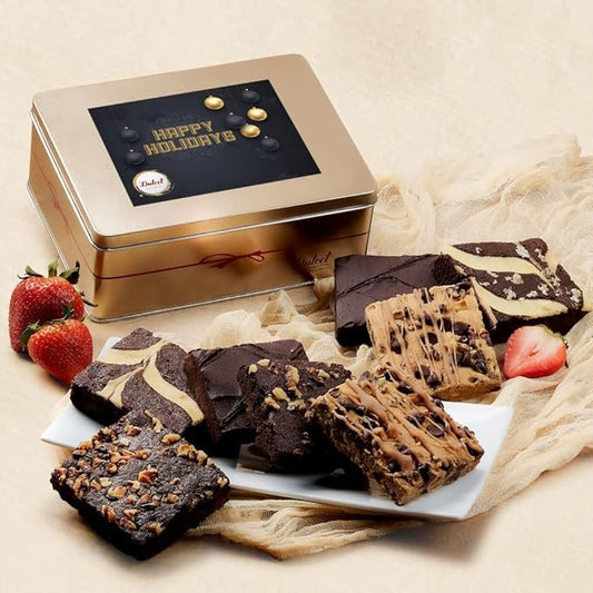 Holiday Gift Baskets - 18 Individually Wrapped Brownies Freshly Baked in a Variety of Flavors - Dulcet's Signature Flavored Fudge Brownies Christmas Gift Baskets for Families - Gift Box Comes with Season Greetings Card