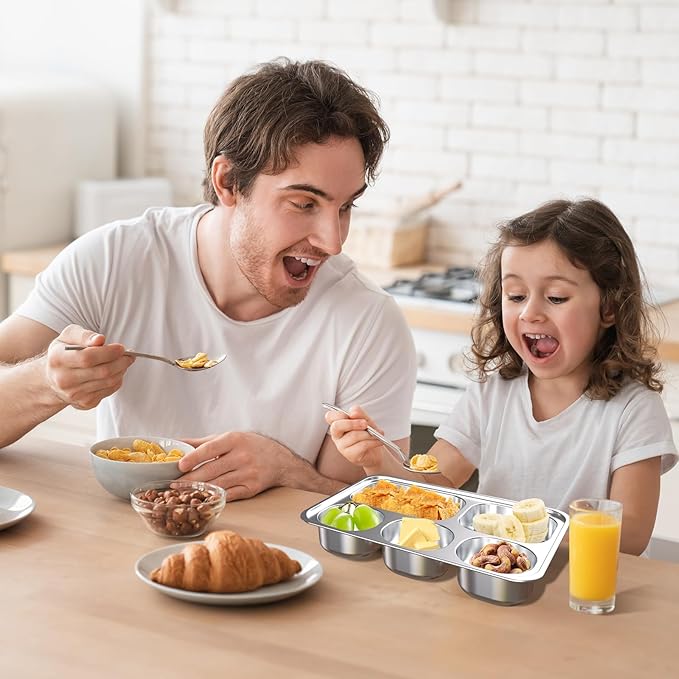 Stainless Steel Divided Plate for Kids Toddler, Non Toxic Portion Control Plate Dinner Plate with Lid for Adults Weight Loss, 4 Pack 5 Sections Rectangular Snack Plate Tray