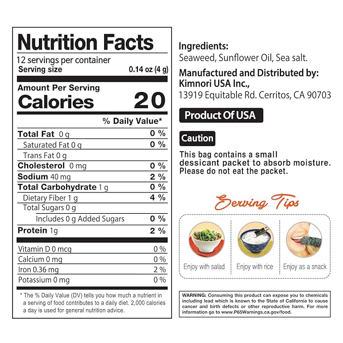 Kim Nori Gold Kim Roasted Seasoned Seaweed Snacks 4g ( 0.14 oz ) - 12 Packs Kim Nori Snack