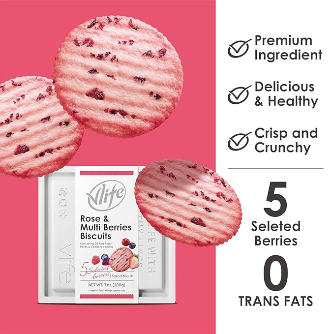 V-LOONG Rose & Multi Berries Biscuits, Vlife Baked Round Crackers, Sweet and Crispy Snacks, (3 PACK, 21 Ounce)