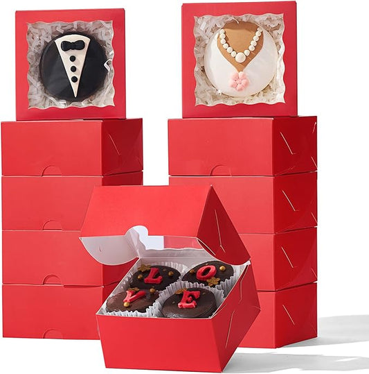 JCXGRVC 100PCS 4x4x2 inches Classic Red Bakery Boxes with Window - Macaron Cookie Chocolate Truffle Strawberry & Mini Cake Gift Boxes for Parties Valentine's Birthdays Wedding Christmas Favors