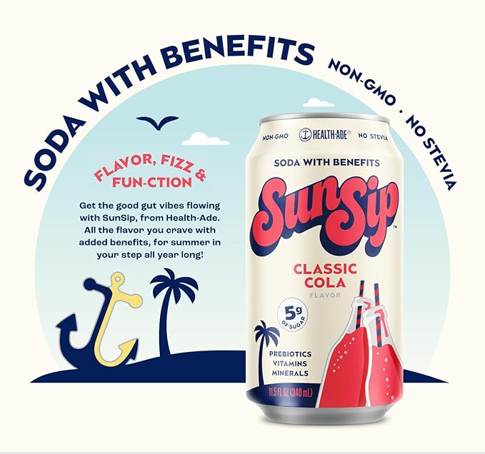 SunSip Prebiotic Soda by Health-Ade, Gut-Healthy Beverage, Soda Swap, Vitamins & Minerals, Naturally Sweetened with 6g of Sugar, Classic Cola, 11.5 oz (12 Pack)