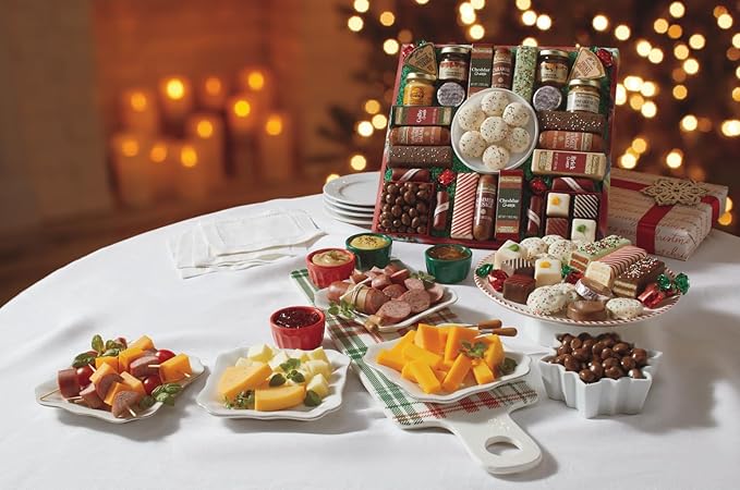 4 Red Gift Boxes - The Swiss Colony 27 Favorites Food Gift Set, Summer Sausage Meats and Cheeses, Assorted Chocolates, Candies, Petits Fours, Cheese & Charcuterie Board Gifts Basket, Holiday Christmas