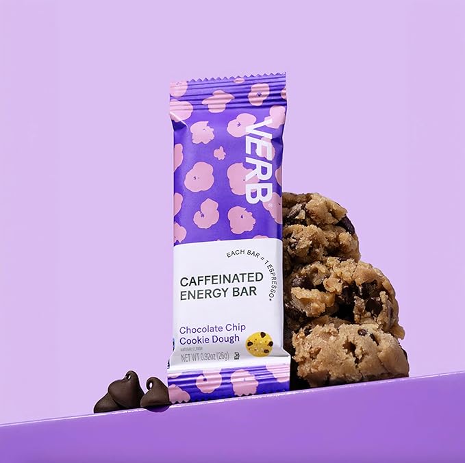 Verb Caffeinated Energy Bars Chocolate Chip Cookie Dough (26g, Pack of 16) 110-Calorie Delicious Energy Bar, Gluten Free On-the Go Snack with 80mg Green Tea Caffeine, Only Real-Food Ingredients