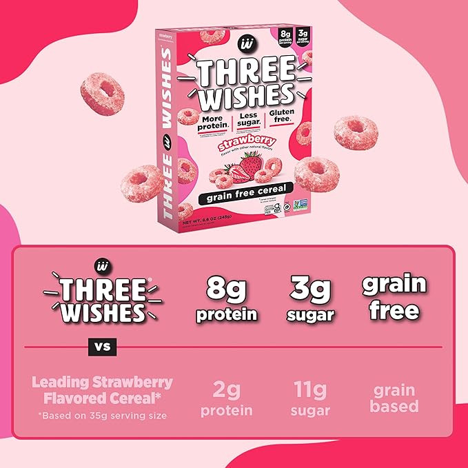 Three Wishes Grain-Free & Protein Cereal - Healthy, Low Sugar & Gluten-Free Breakfast Cereal - Low Carb, Plant-Based, Vegan & Non-GMO - Strawberry, 6-Pack